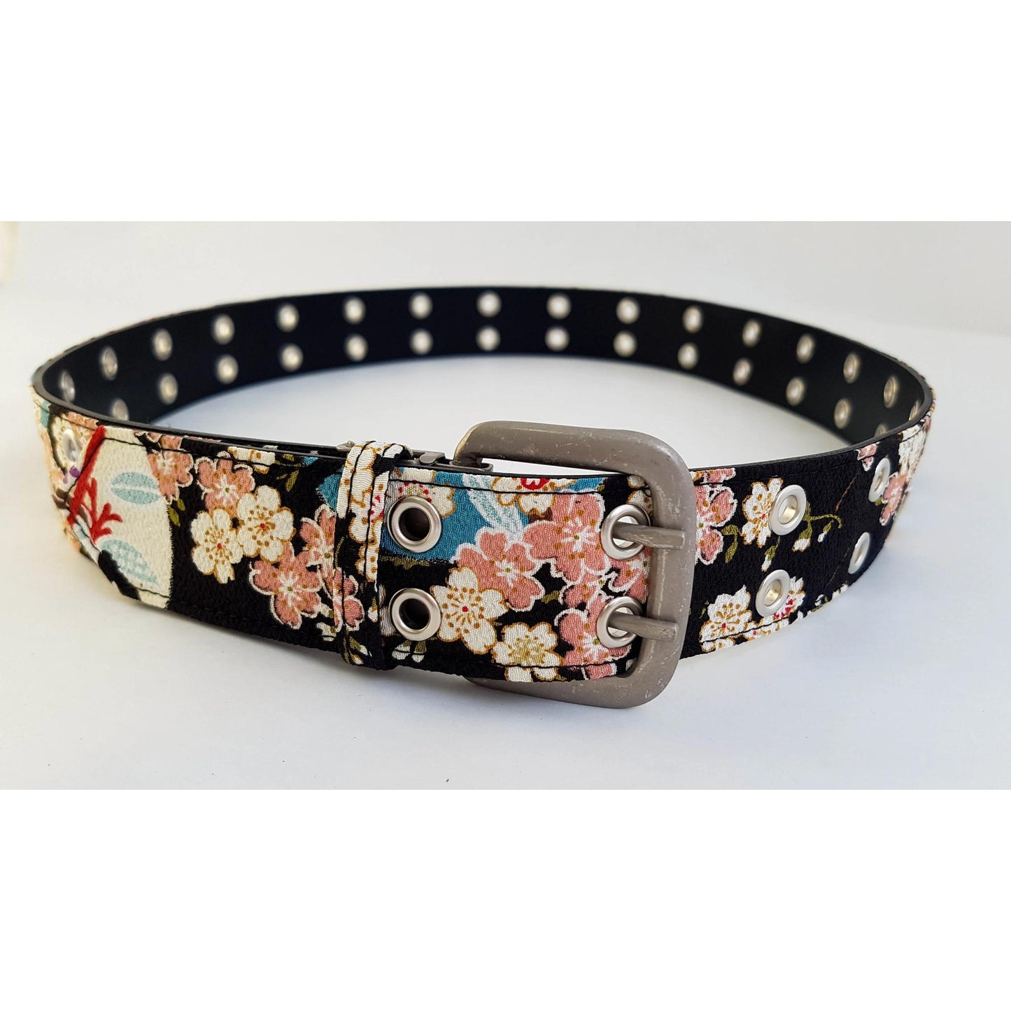 Ceinture japonaise imprimé Chirimen - Noir fleurs