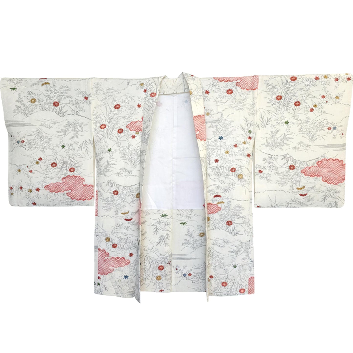 Vintage Japanese Silk Haori Jacket - Authentic Kimono Robe Blanc [Feuilles d’automne et petites fleurs]