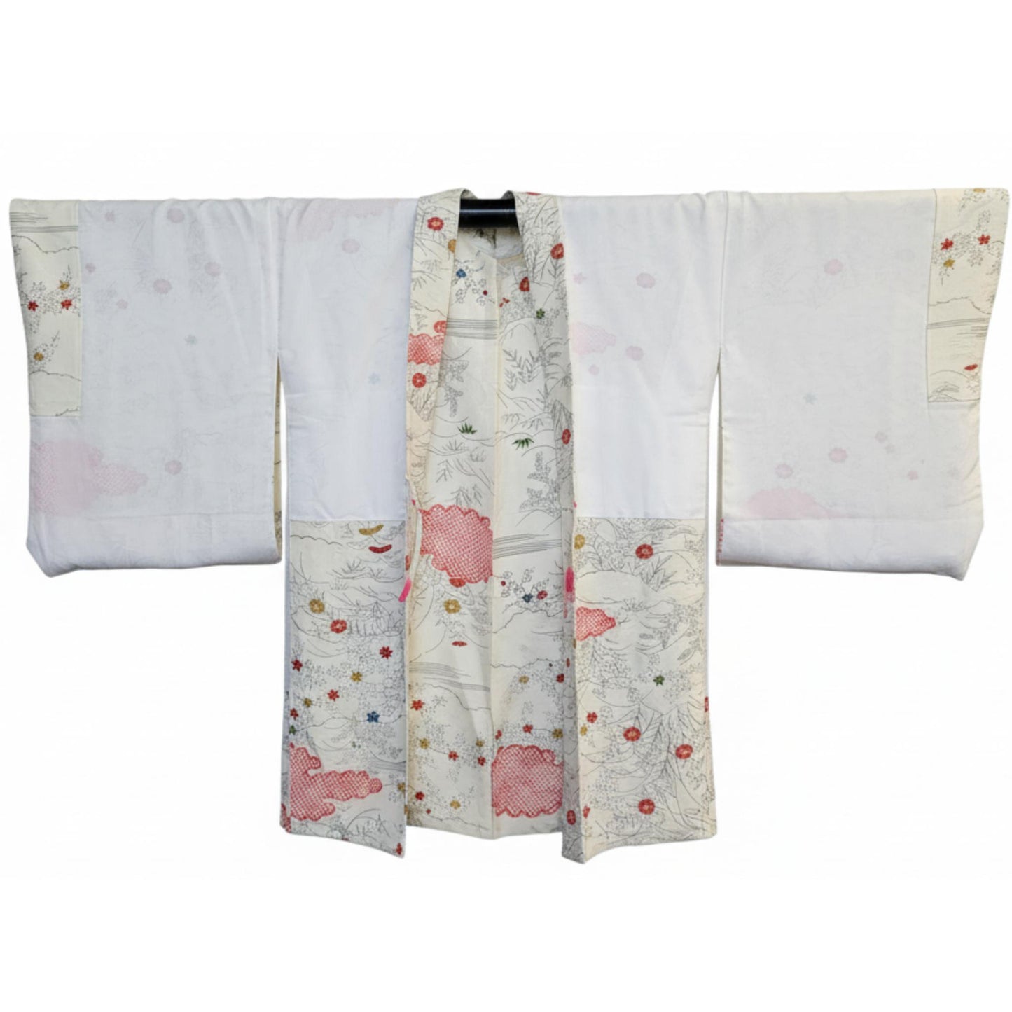 Vintage Japanese Silk Haori Jacket - Authentic Kimono Robe Blanc [Feuilles d’automne et petites fleurs]