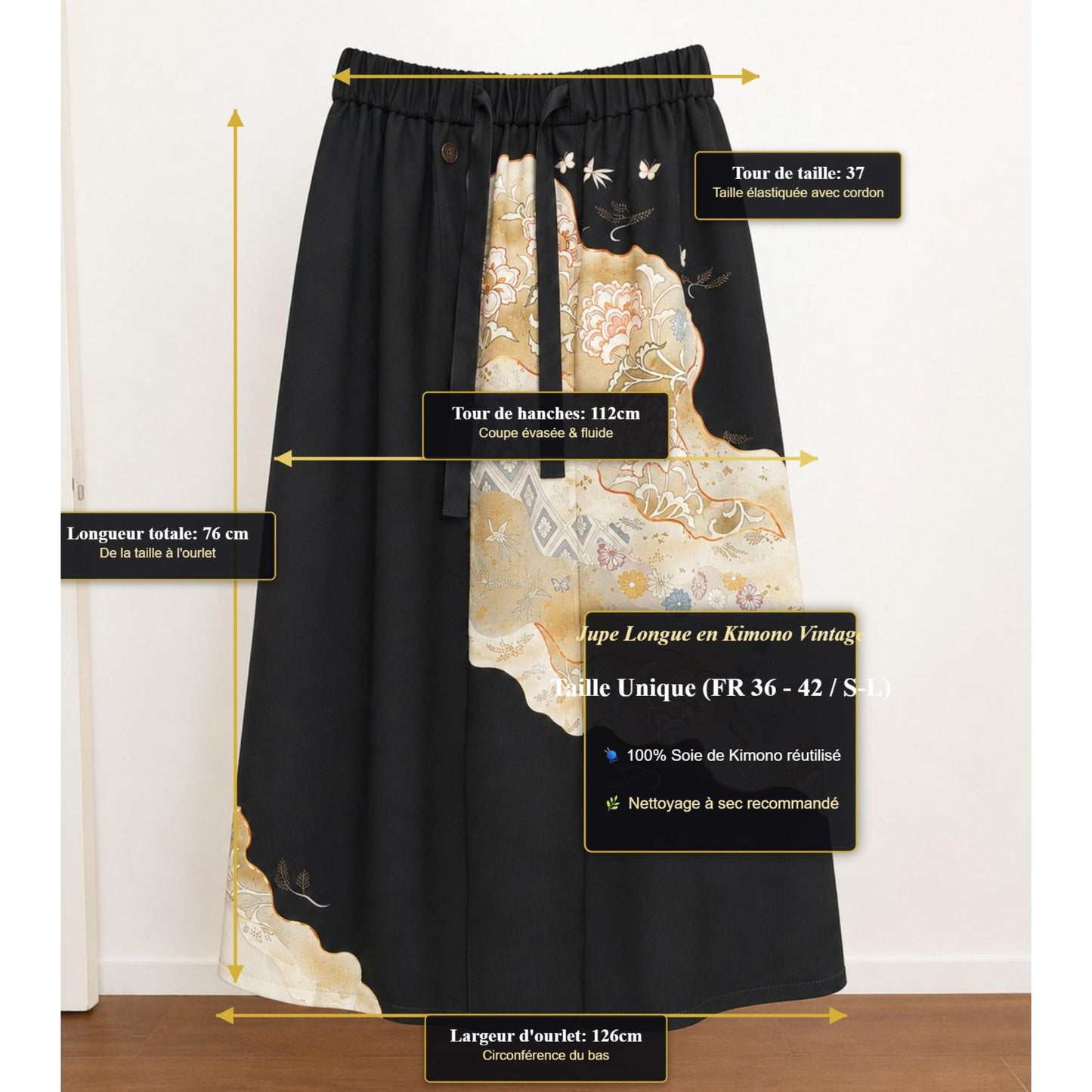 Upcycled Long Skirt from Traditional Kimono – Asymmetrical Black and Gold Silk