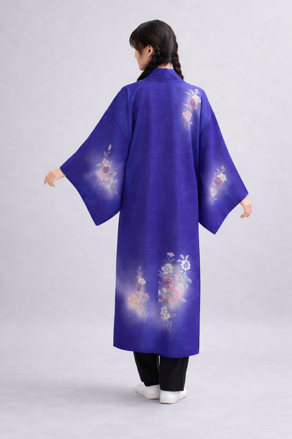Veste Kimono Longue en Soie Vintage – Création Upcyclée avec Poches [Bleu Mystique]