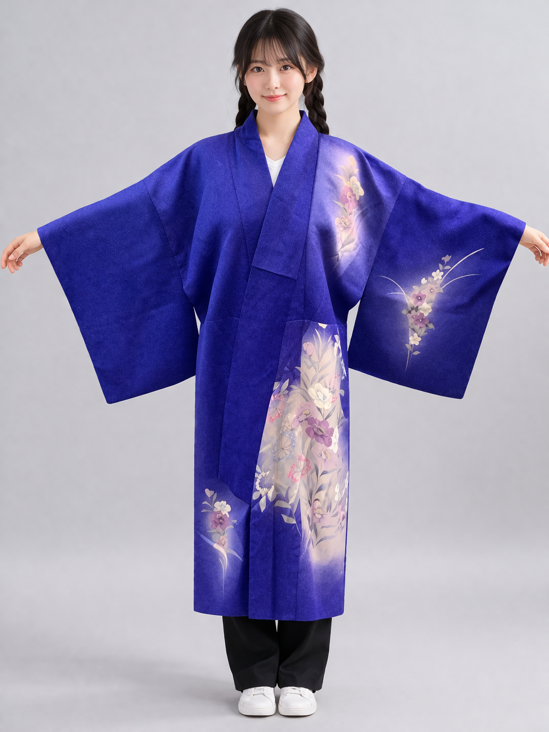 Veste Kimono Longue en Soie Vintage – Création Upcyclée avec Poches [Bleu Mystique]