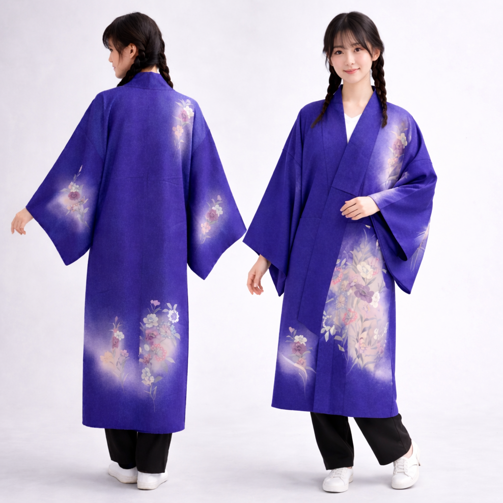 Veste Kimono Longue en Soie Vintage – Création Upcyclée avec Poches [Bleu Mystique]