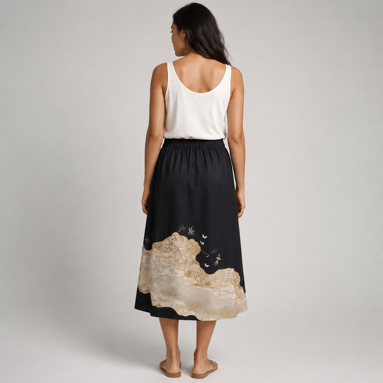 Upcycled Long Skirt from Traditional Kimono – Asymmetrical Black and Gold Silk