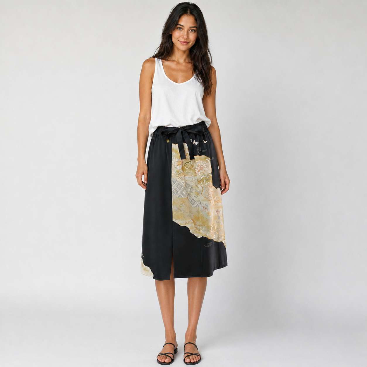 Upcycled Long Skirt from Traditional Kimono – Asymmetrical Black and Gold Silk