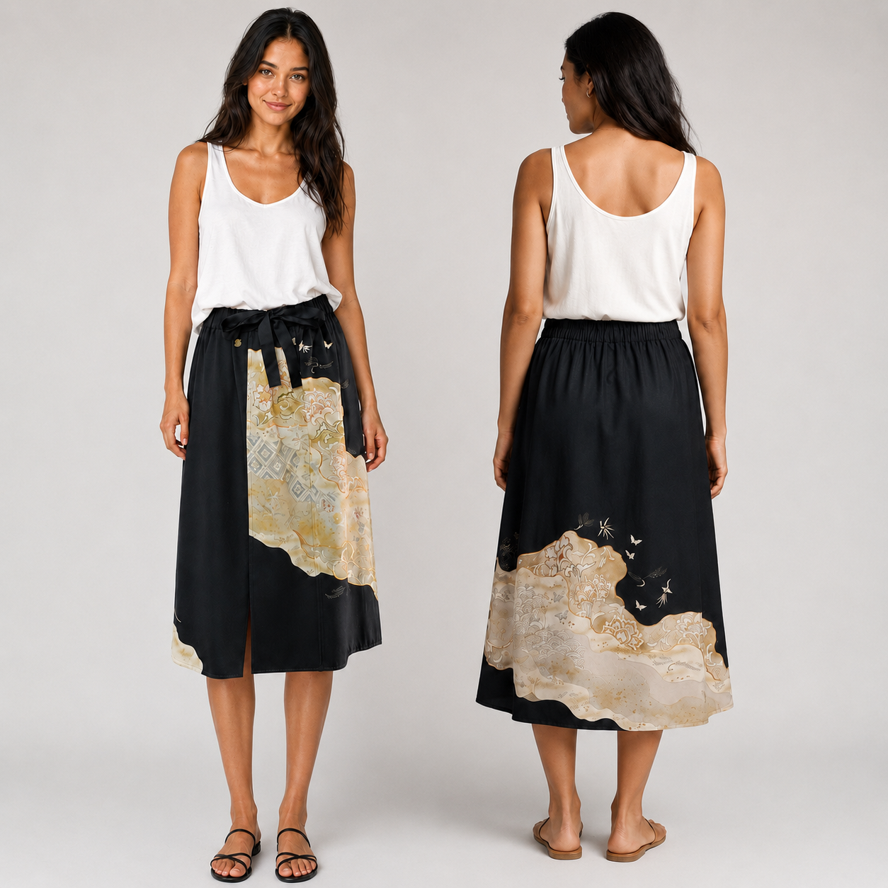 Upcycled Long Skirt from Traditional Kimono – Asymmetrical Black and Gold Silk