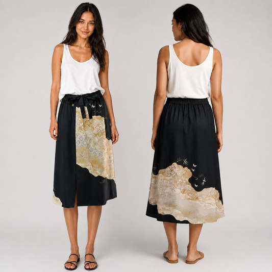 Jupe Longue Upcyclée en Kimono Traditionnel – Noir et Soie Dorée Asymétrique