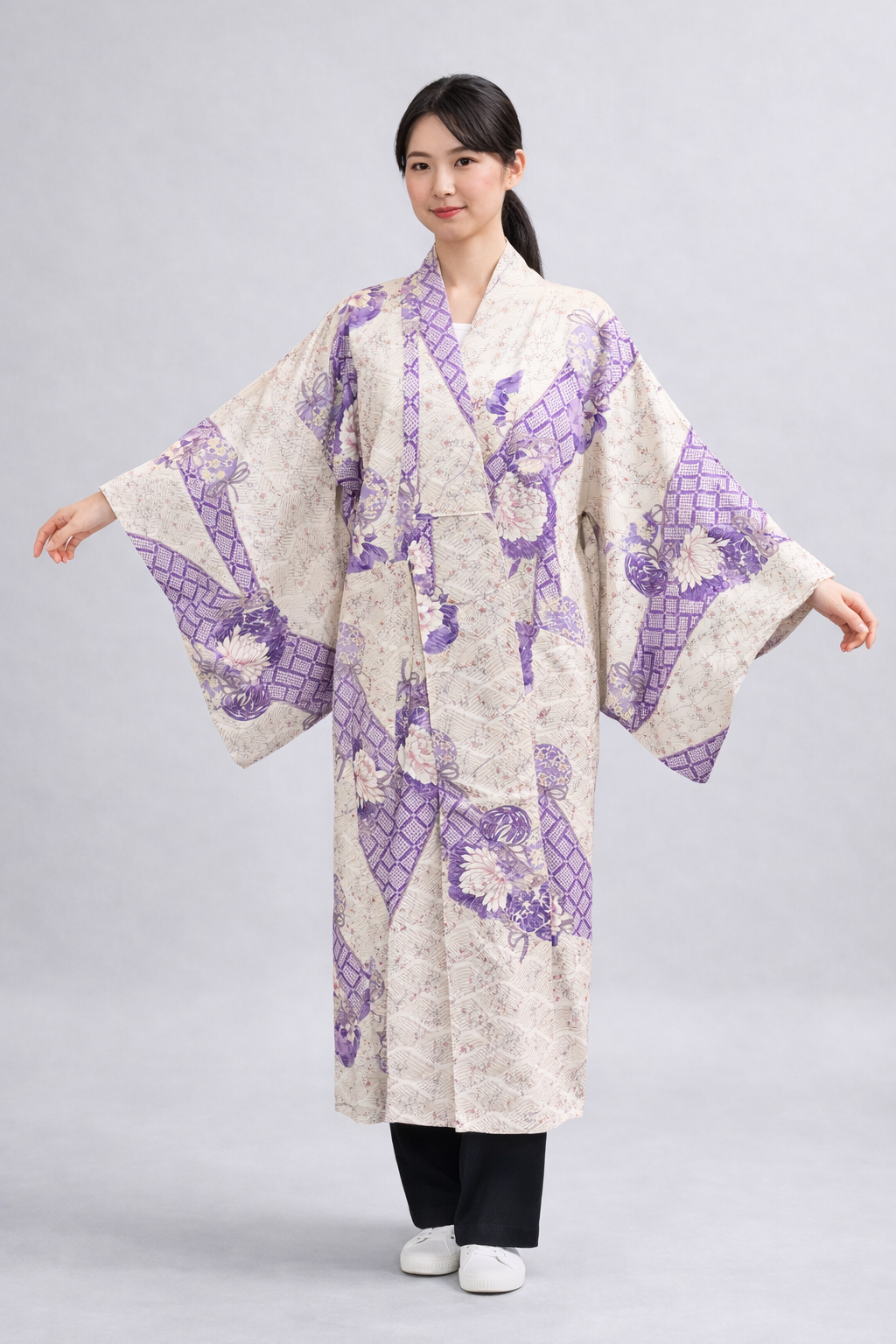Veste Kimono Longue en Soie Vintage – Création Upcyclée avec Poches [Sérénité Pourpre]