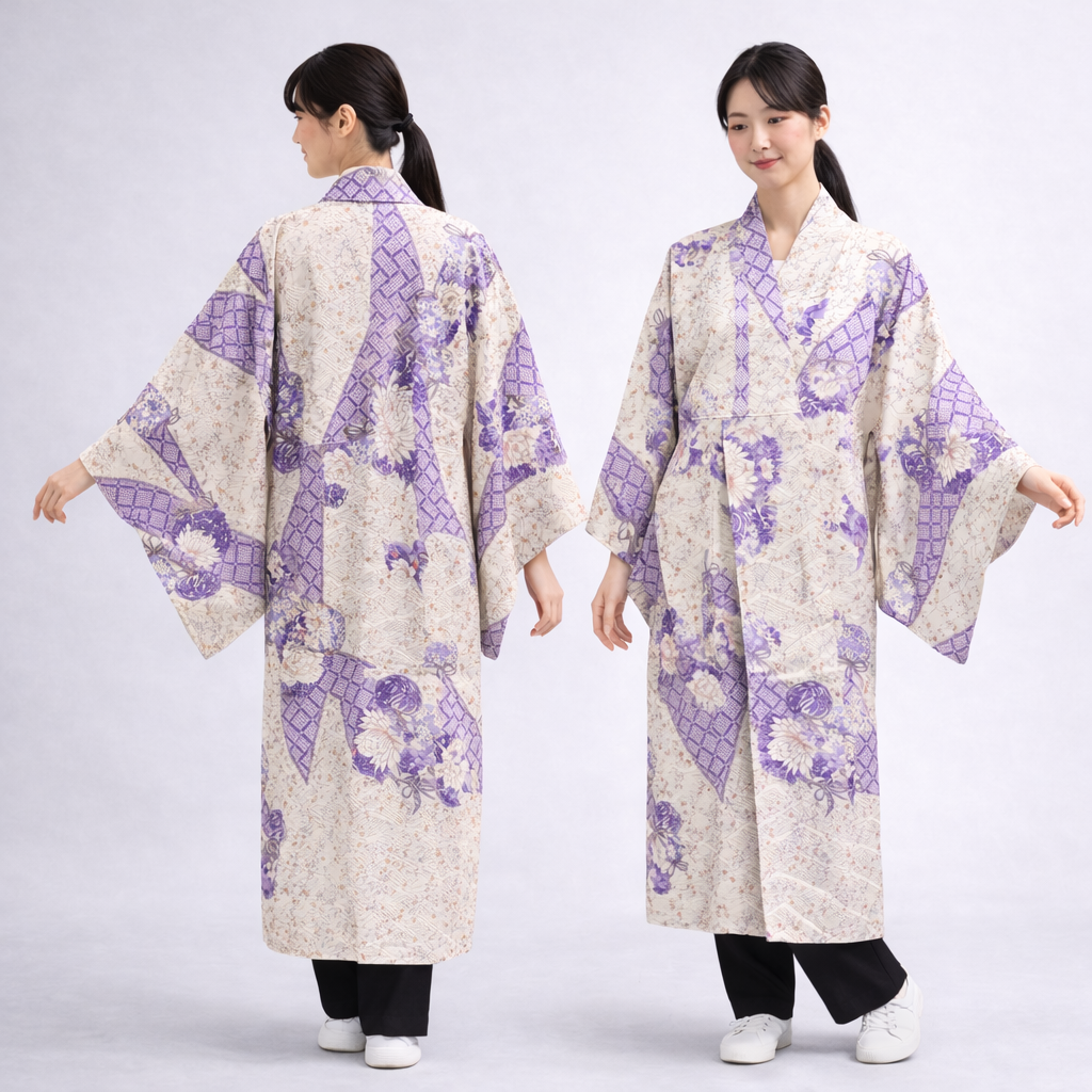 Veste Kimono Longue en Soie Vintage – Création Upcyclée avec Poches [Sérénité Pourpre]