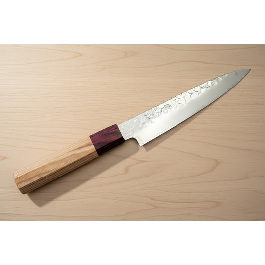 Japanese Utility Knife in Hammered Damascus Steel | Mahogany and Keyaki Handle