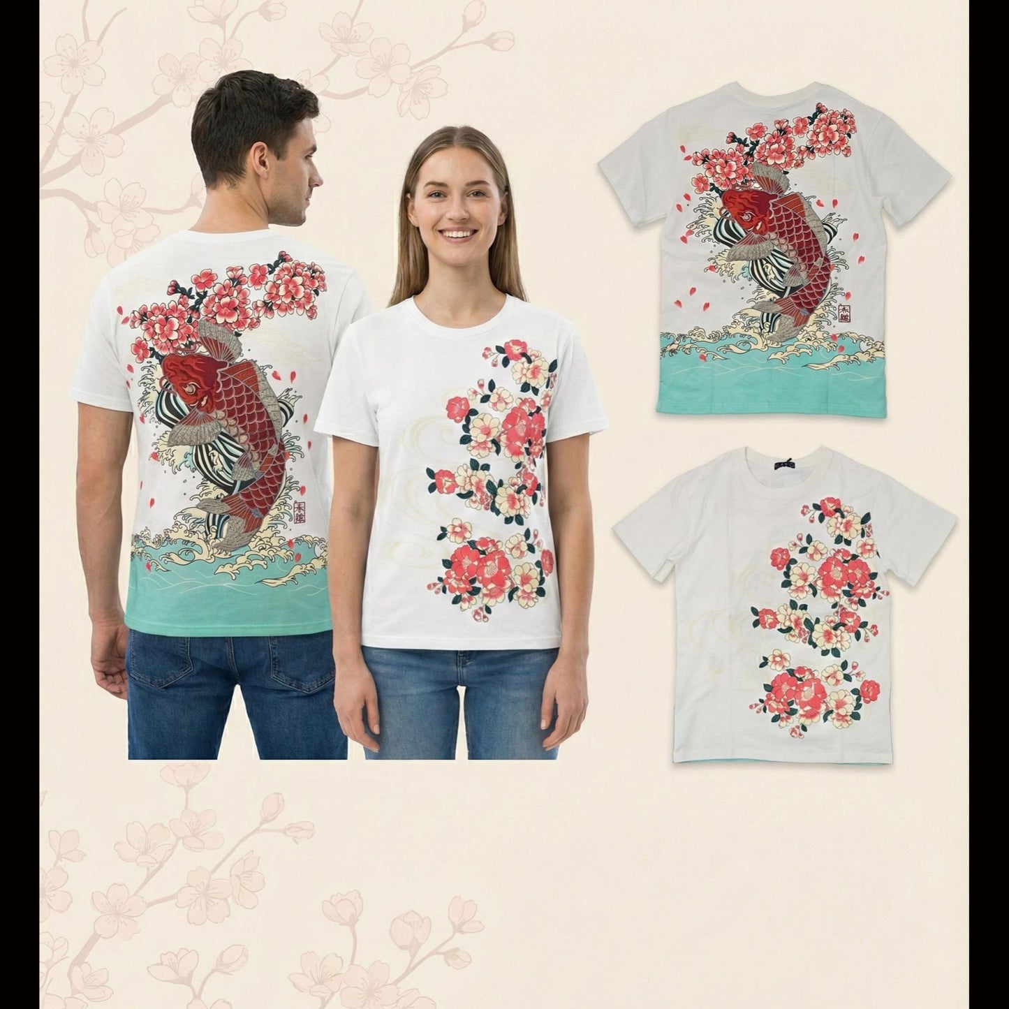 WHITE Short Sleeve T-Shirt - Red Koi and Cherry Blossoms