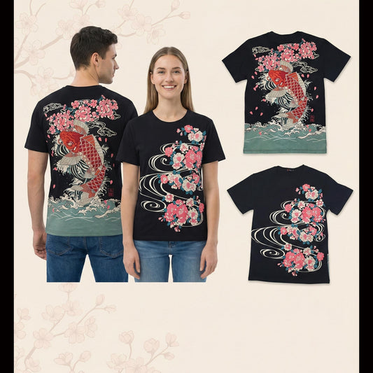 BLACK Short Sleeve T-Shirt - Red Koi and Cherry Blossoms