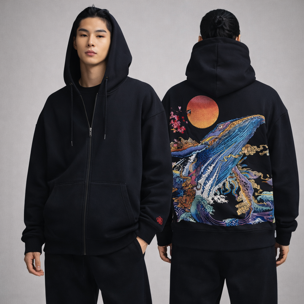 Whale embroidery hoodie - Black