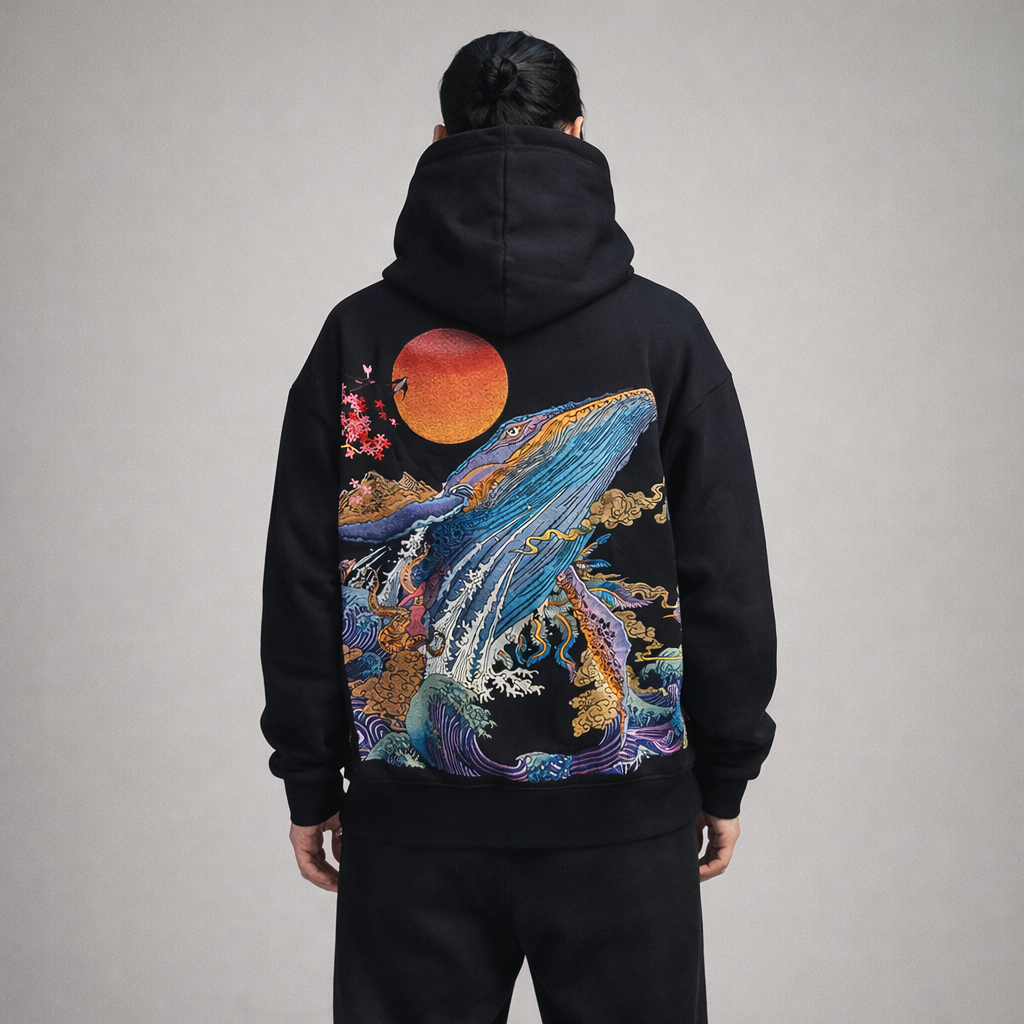 Whale embroidery hoodie - Black