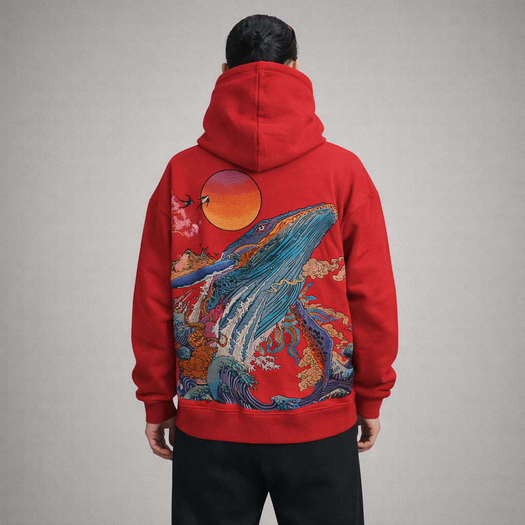 Whale embroidery hoodie - Red