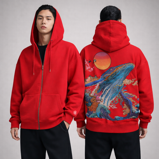Hoodie broderie Baleine - Rouge