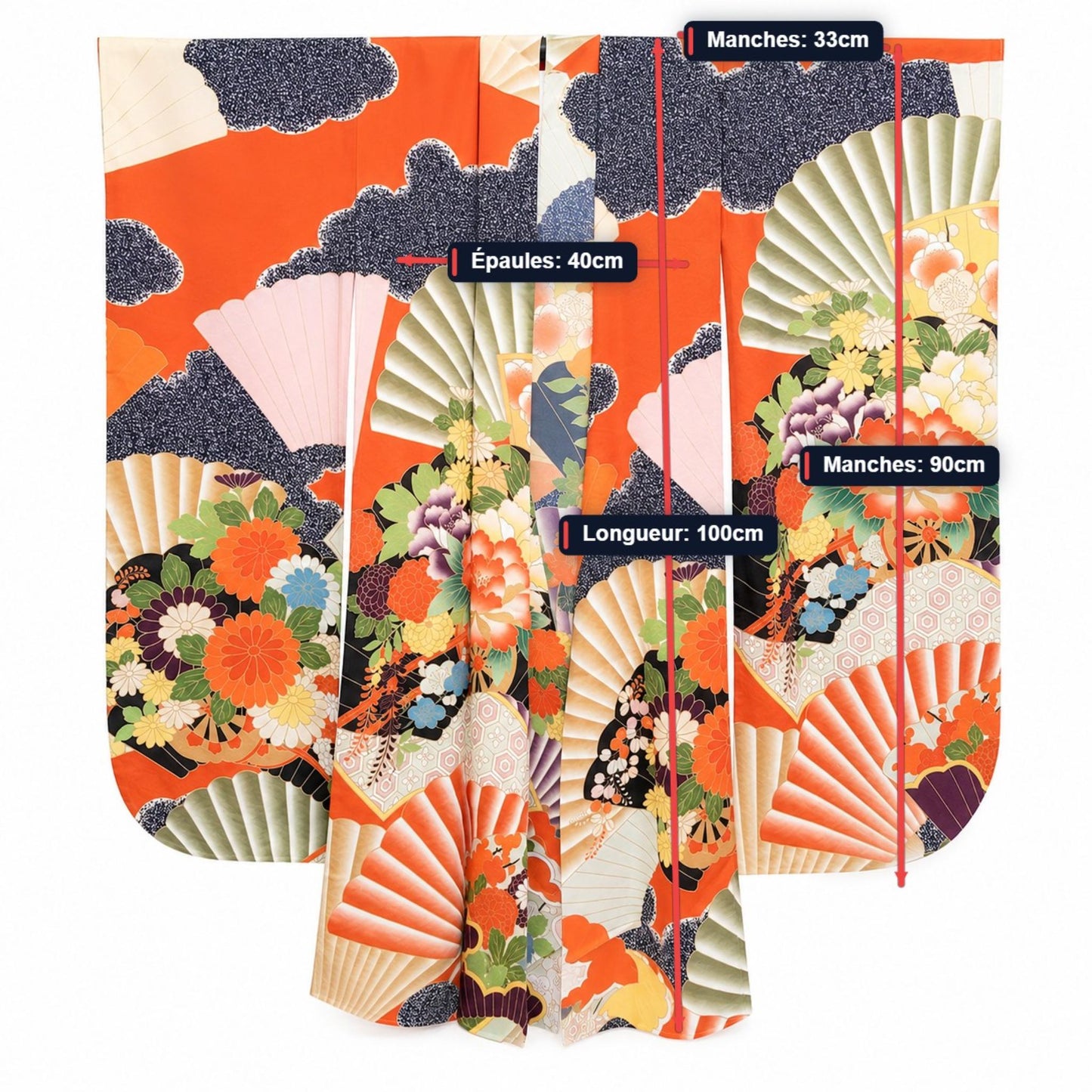 Kimono Cardigan Fluide en Soie – Bleu Éclatant à Motifs Floraux Traditionnels Orange
