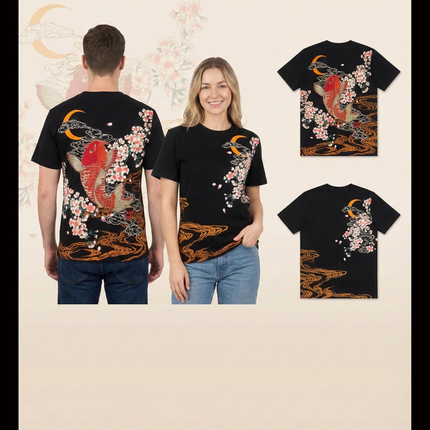 Black Short Sleeve T-Shirt - Red Koi and Moonlight