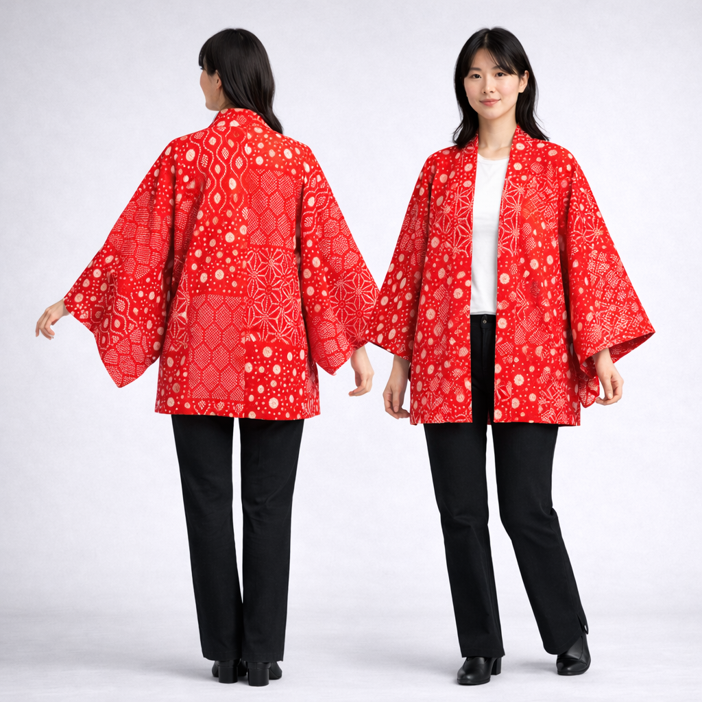 Veste Kimono Haori en Soie Vintage – Art Traditionnel du Shibori (Teinture à la main) Rouge
