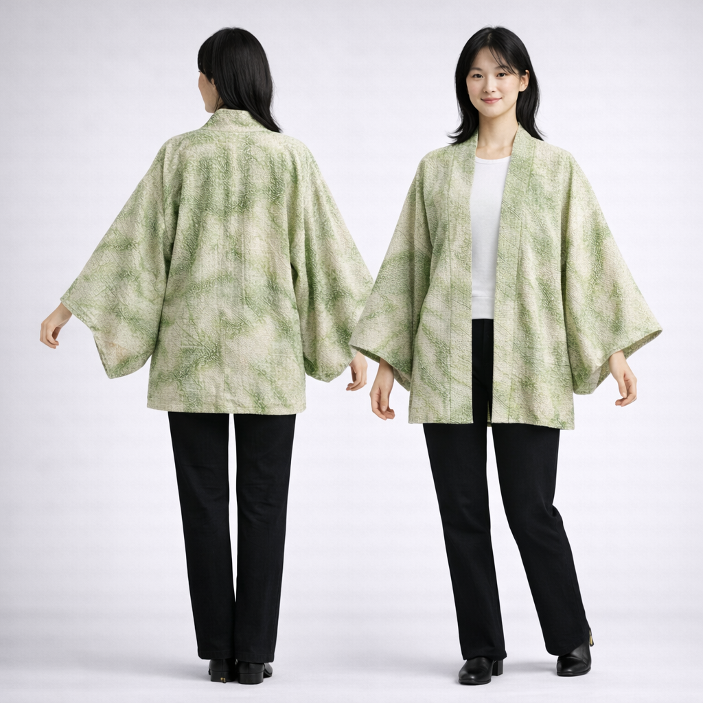 Veste Kimono Haori en Soie Vintage – Art Traditionnel du Shibori (Teinture à la main) Vert
