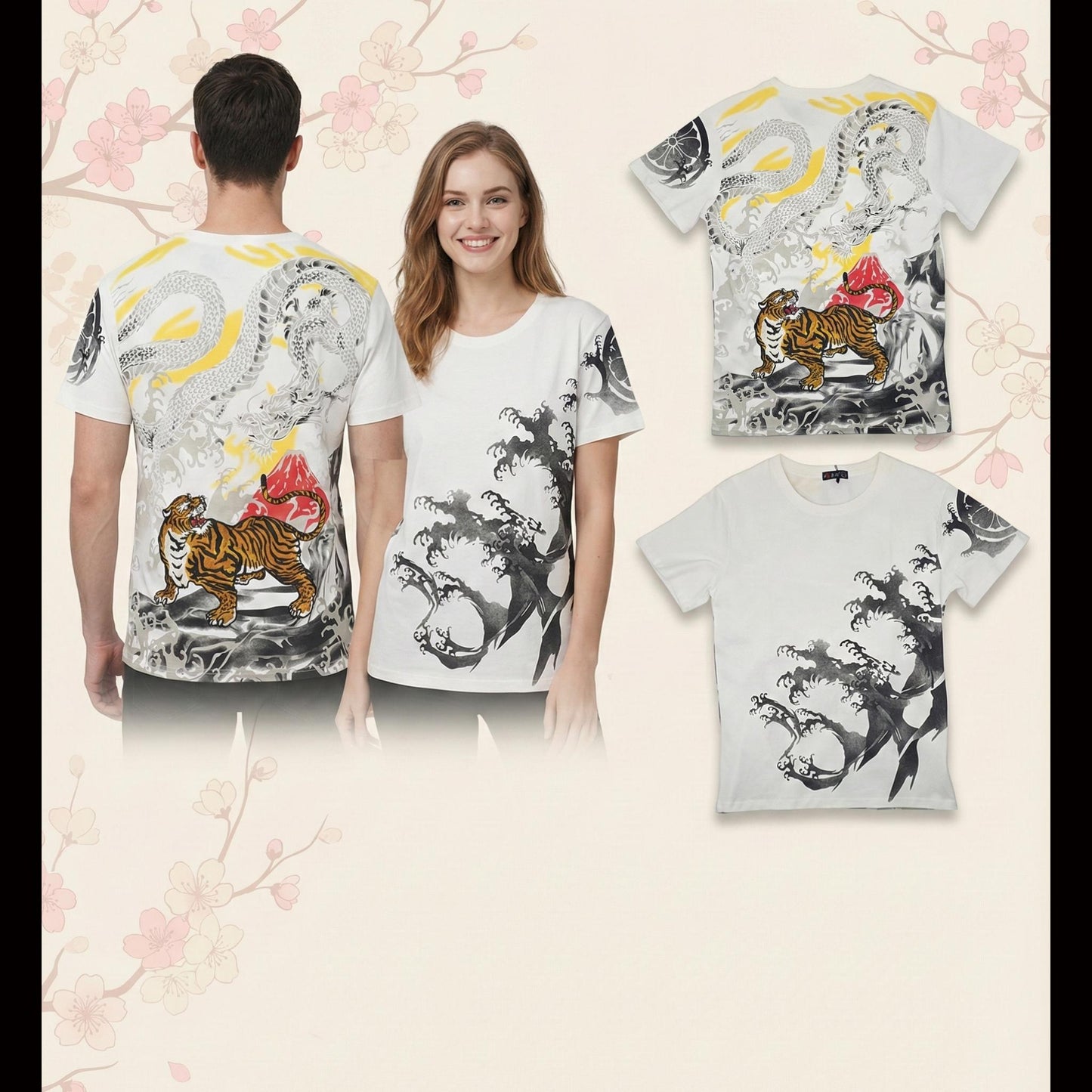 T-shirt à manches courtes blanc - Dragon et tigre