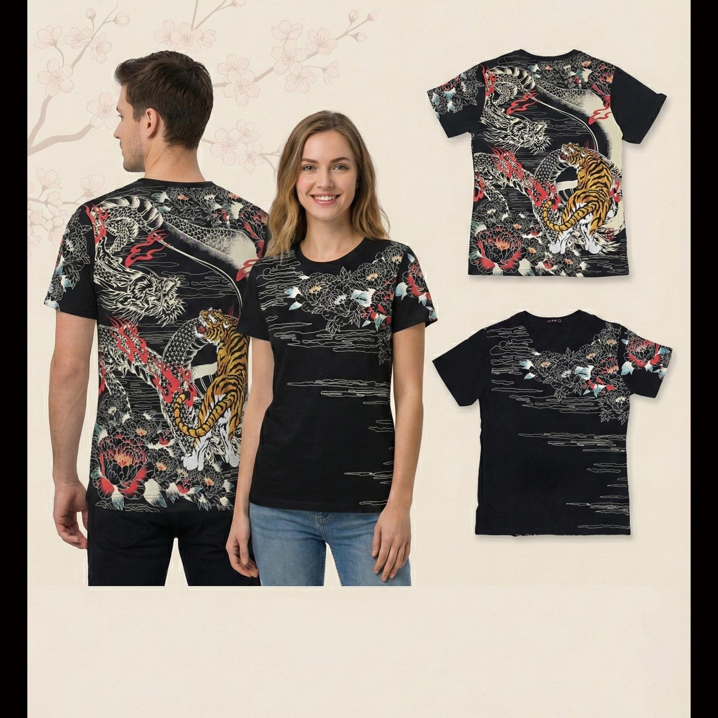 Short-sleeved black T-shirt - Dragon and tiger