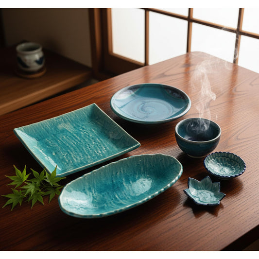 Assiettes artisanales – Série Turquoise "carrée et ovale"