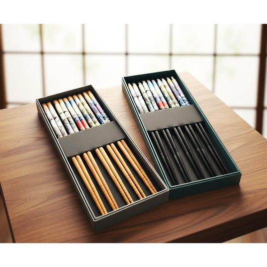 Lot de 5 Paires de Baguettes Bambou - UKIOE Hokusai le noir et le bois